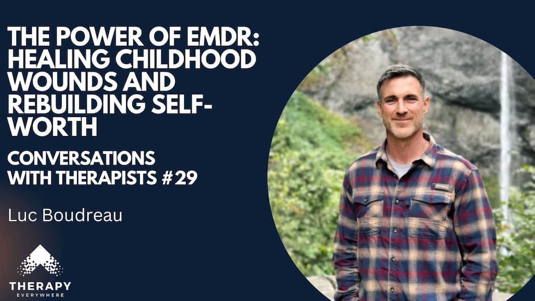 YouTube thumbnail of a male therapist in a red plaid shirt with trees behind him.